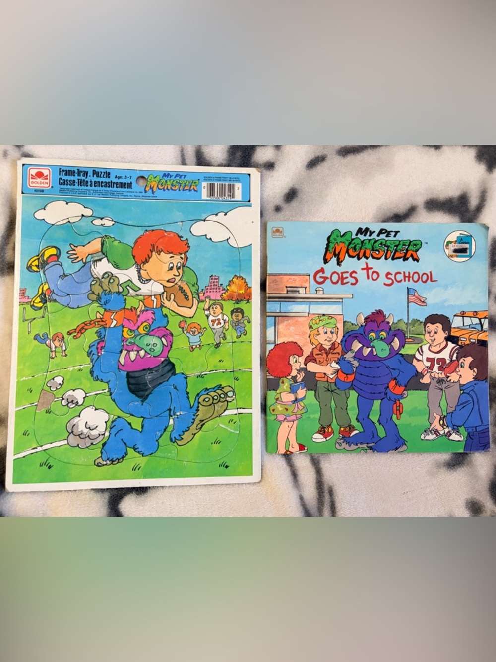 1986 My Pet Monster Goes to School - Vintage Paperback Book/Framed Tray Puzzle